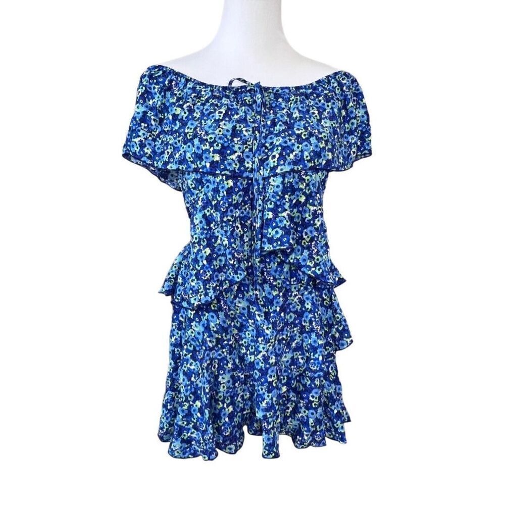 Zara Tiered Blue Floral Off the Shoulder Jumpsuit Romper MEDIUM Preppy Ruffles - Picture 3 of 13